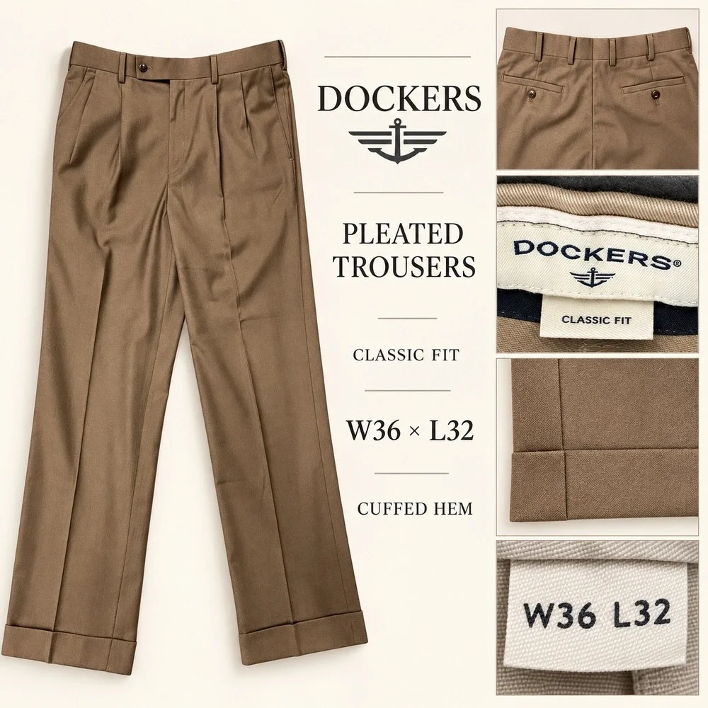 Dockers Men Brown Pleated Trousers Classic Fit Cuffed Hem W36 L32 32896-0001